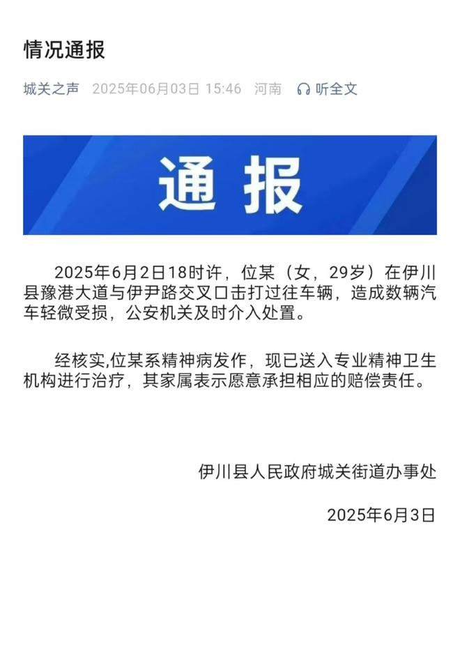 辆轿车通报：系精神病发作家属愿意承担赔偿pg电子模拟器电脑版女子持械当街打砸多